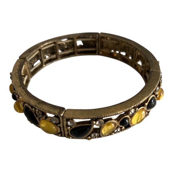 Vintage Amber & Black Beaded Necklace with Gold-Tone Cabochon Bracelet - Picture 3 of 7